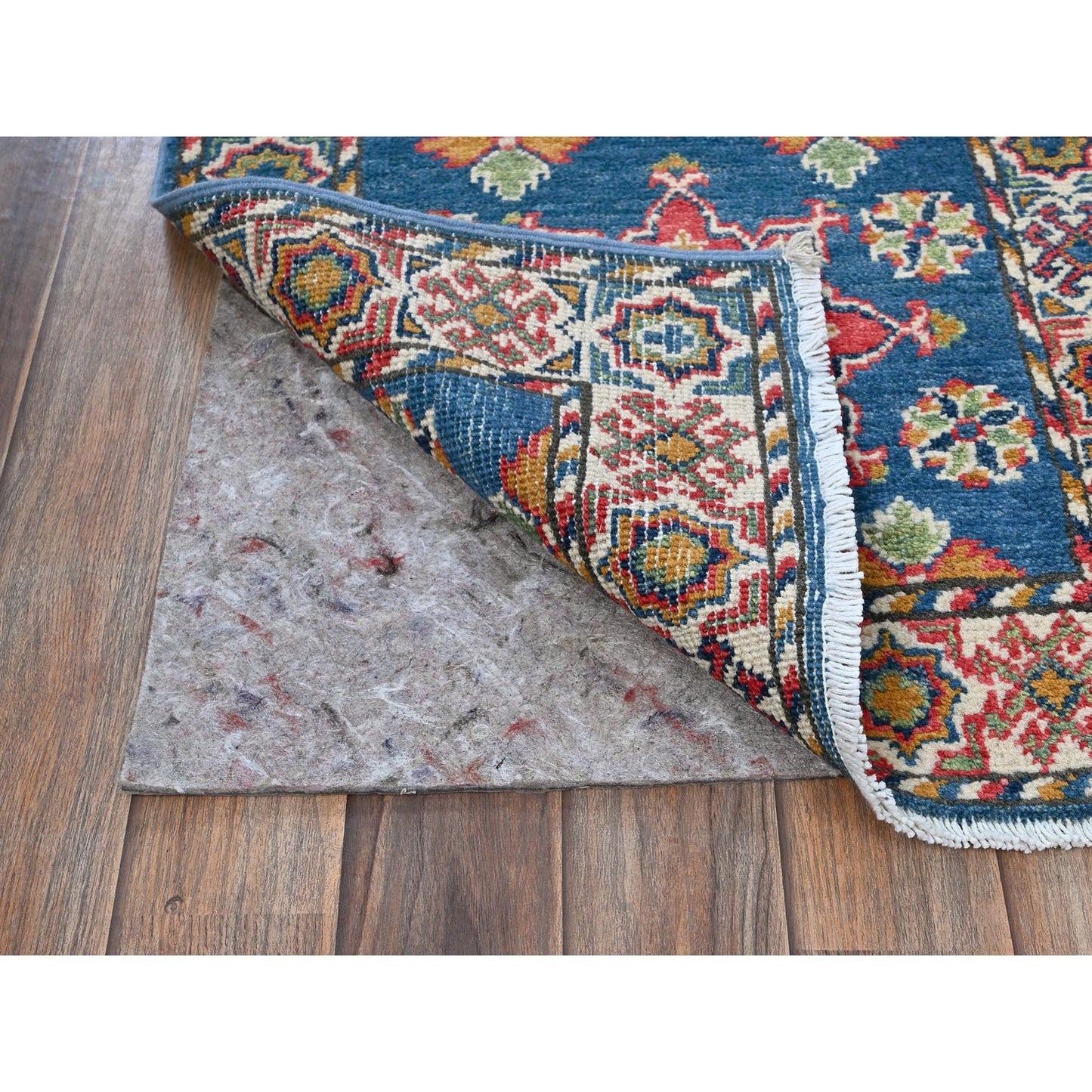 2'X5'9" Blue Kazak With Tribal Design Hand Knotted Soft Wool Runner Rug