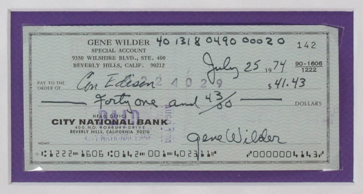 Gene Wilder Signed/Autographed Bank Check And Photo Collage Framed Beckett 19856