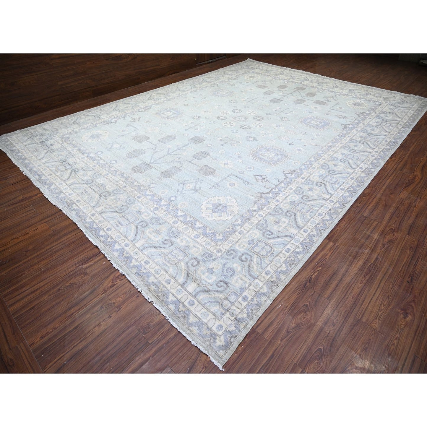 11'10"X16'3" Gray Wool Hand Knotted White Wash Peshawar Oversized Rug