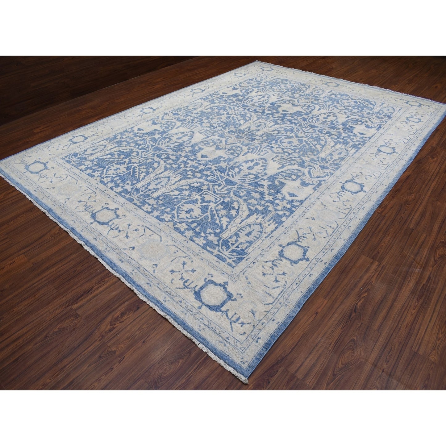 9'8"X13'5" Blue Soft Wool Hand Knotted White Wash Peshawar Rug