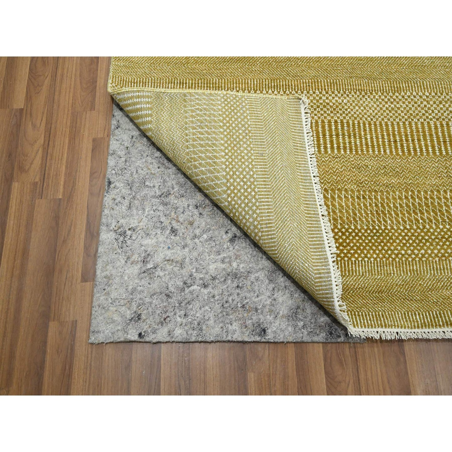 9'X12' Ecru Brown Modern Grass Design Wool And Silk Hand Knotted Rug