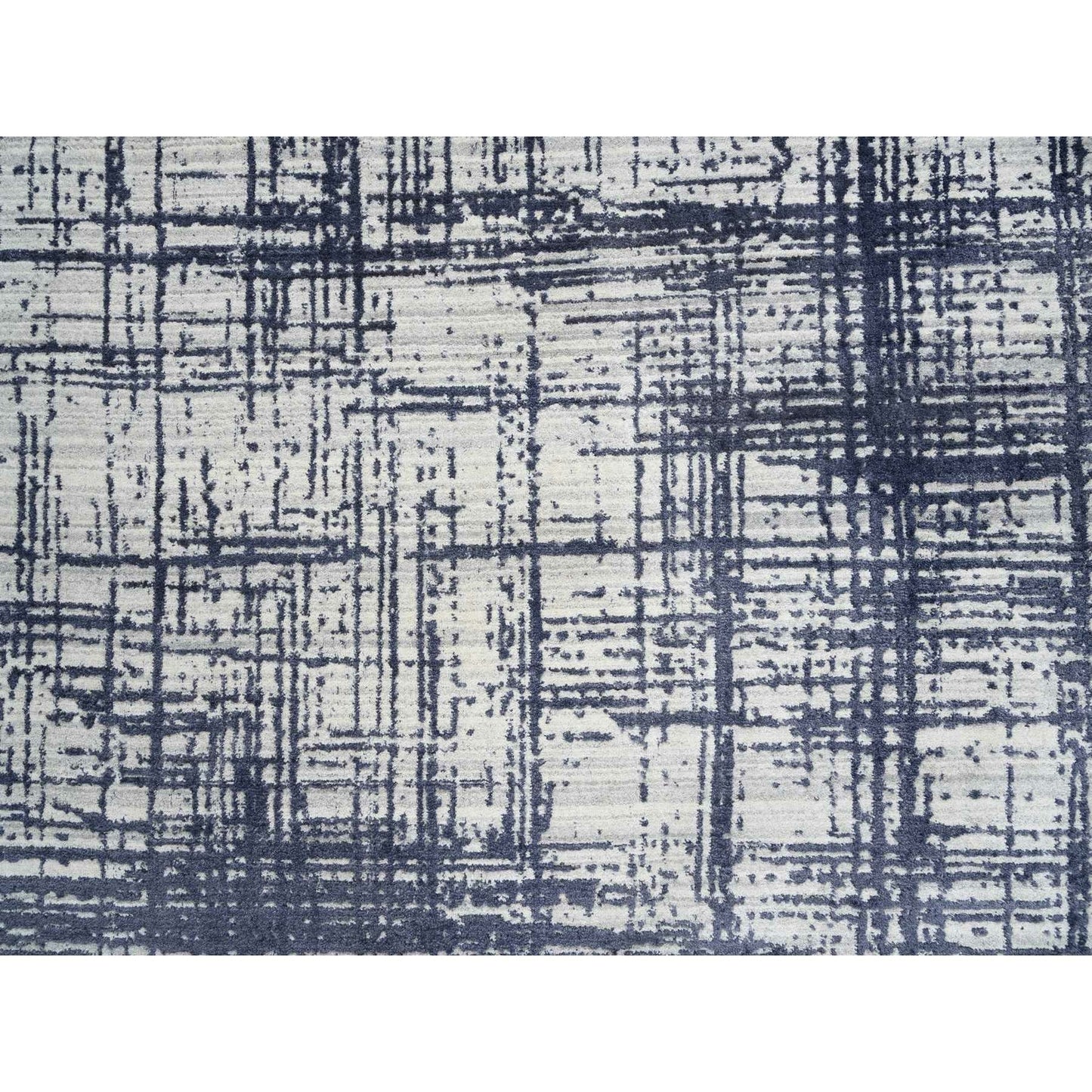 10'X13'9" Black Modern Erased Lines Design Wool And Silk Hand Loomed Rug