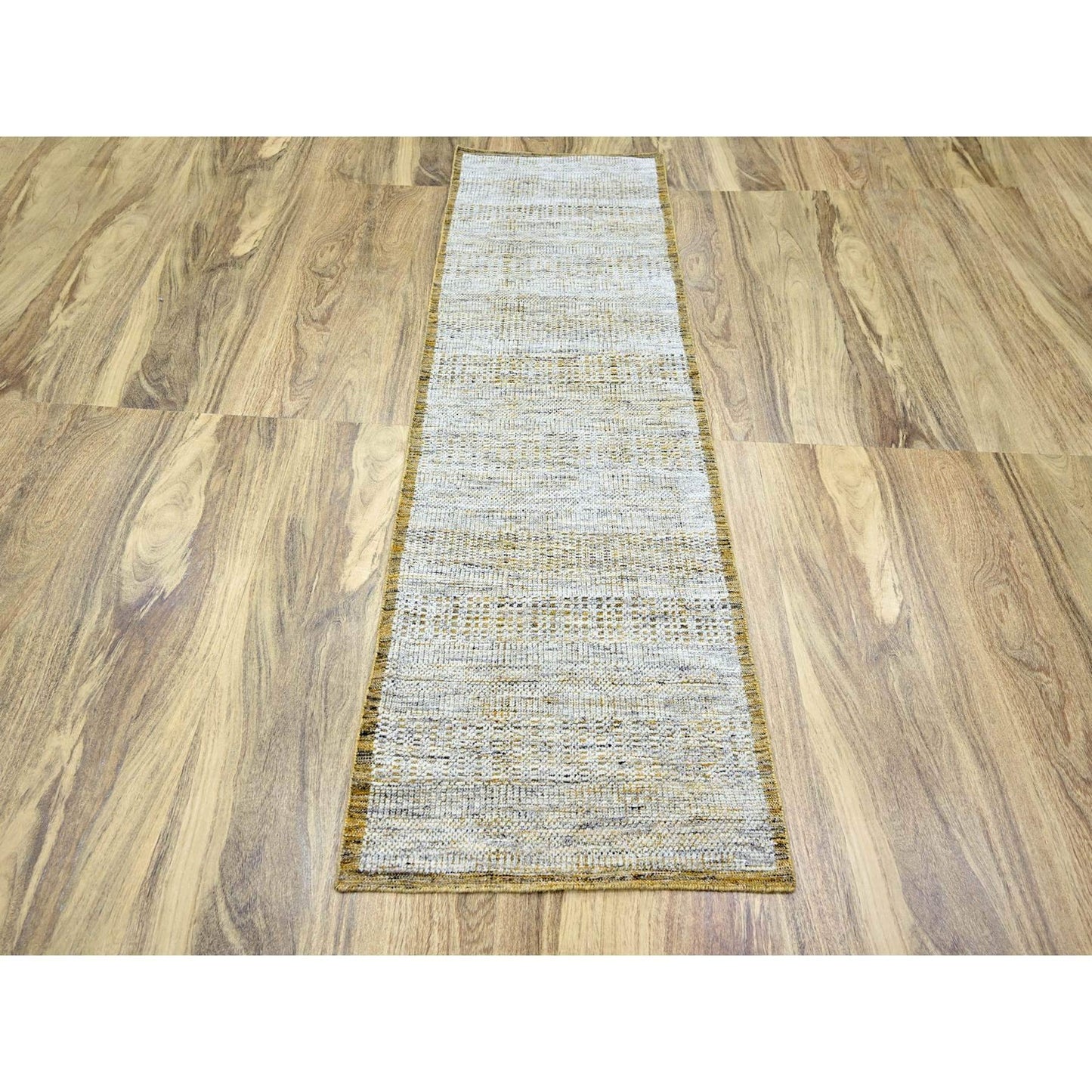 2'7"X8'2" White & Gold Hand Knotted Oxidized Grass Design Wool Runner Rug