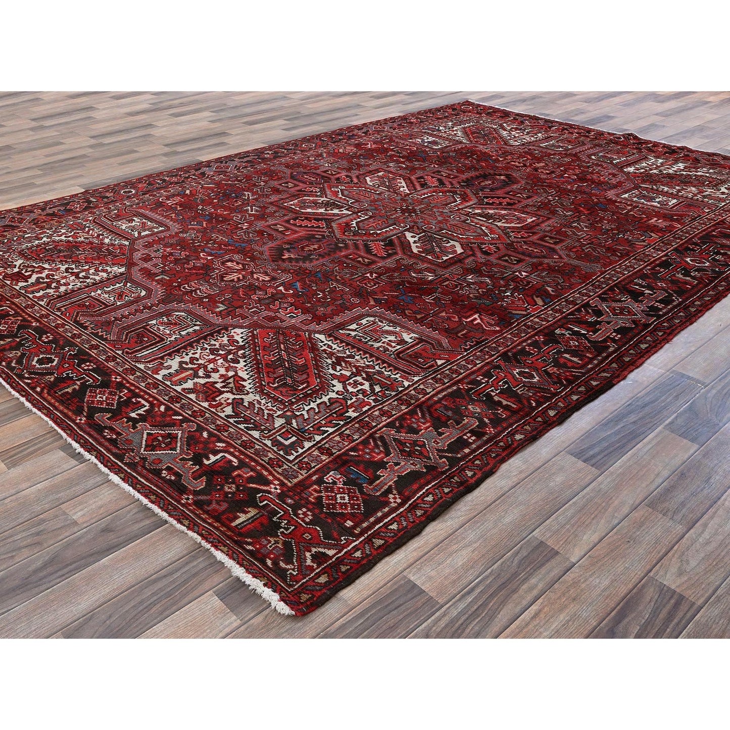 7'7"X10'9" Red Vintage Zoroastrian Heris Worn Down Hand Knotted Wool Rug