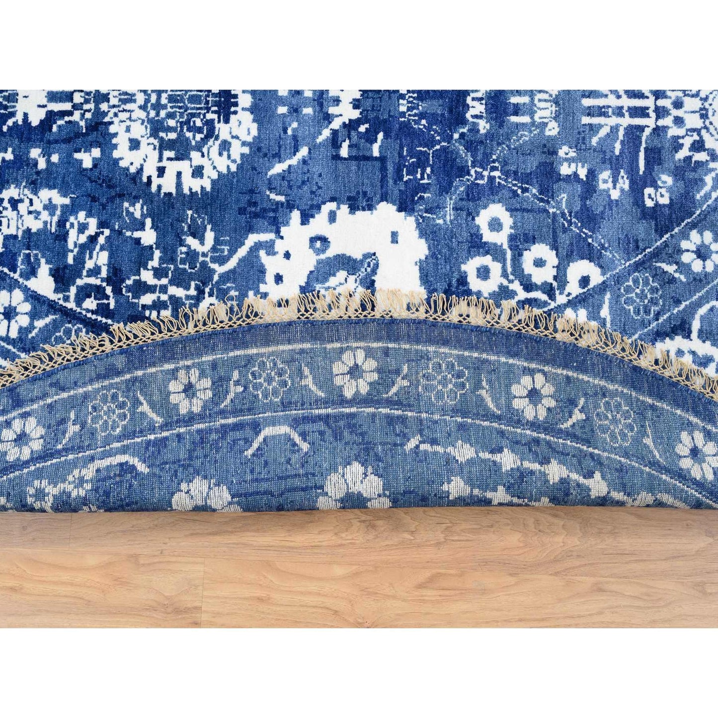 10'2"X10'2" Denim Blue Tebraz Wool And Silk Hand Knotted Round Rug