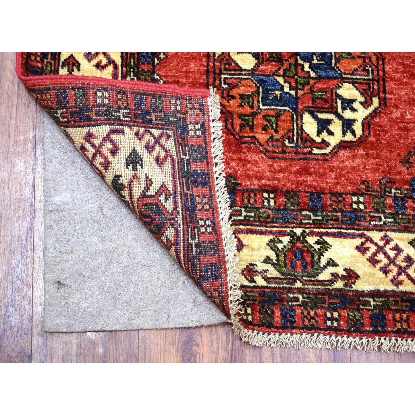 2'9"X9'10" Coral Red Hand Knotted Turkeman Ersari Pure Wool Runner Rug