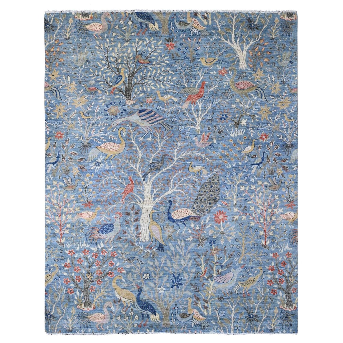 8'X10'1" Yonder Blue Afghan Peshawar Birds Design Hand Knotted Wool Rug