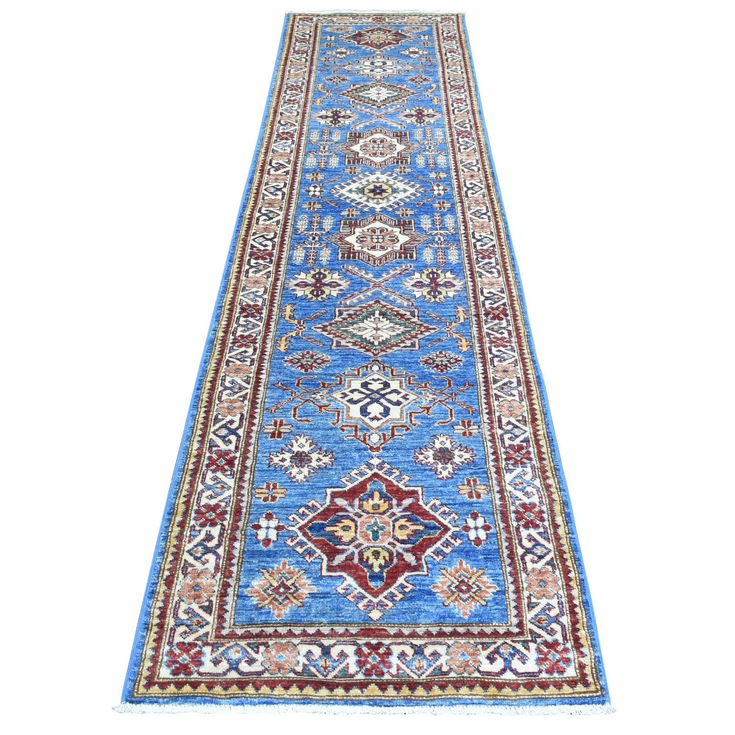 2'7"X10' Blue Afghan Super Kazak Pure Wool Hand Knotted Runner Rug