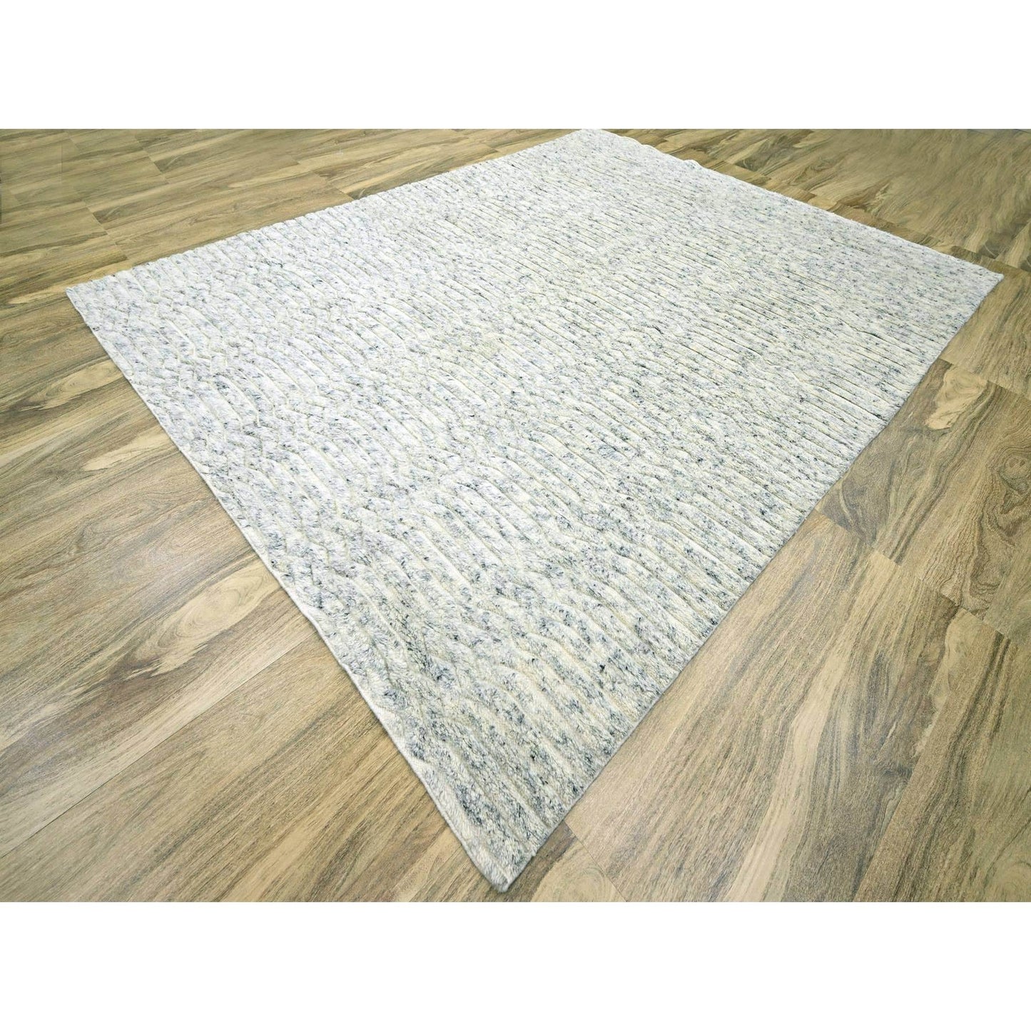 9'4"X11'10" White Textured Pile Moroccan Weave Pure Wool Hand Knotted Rug