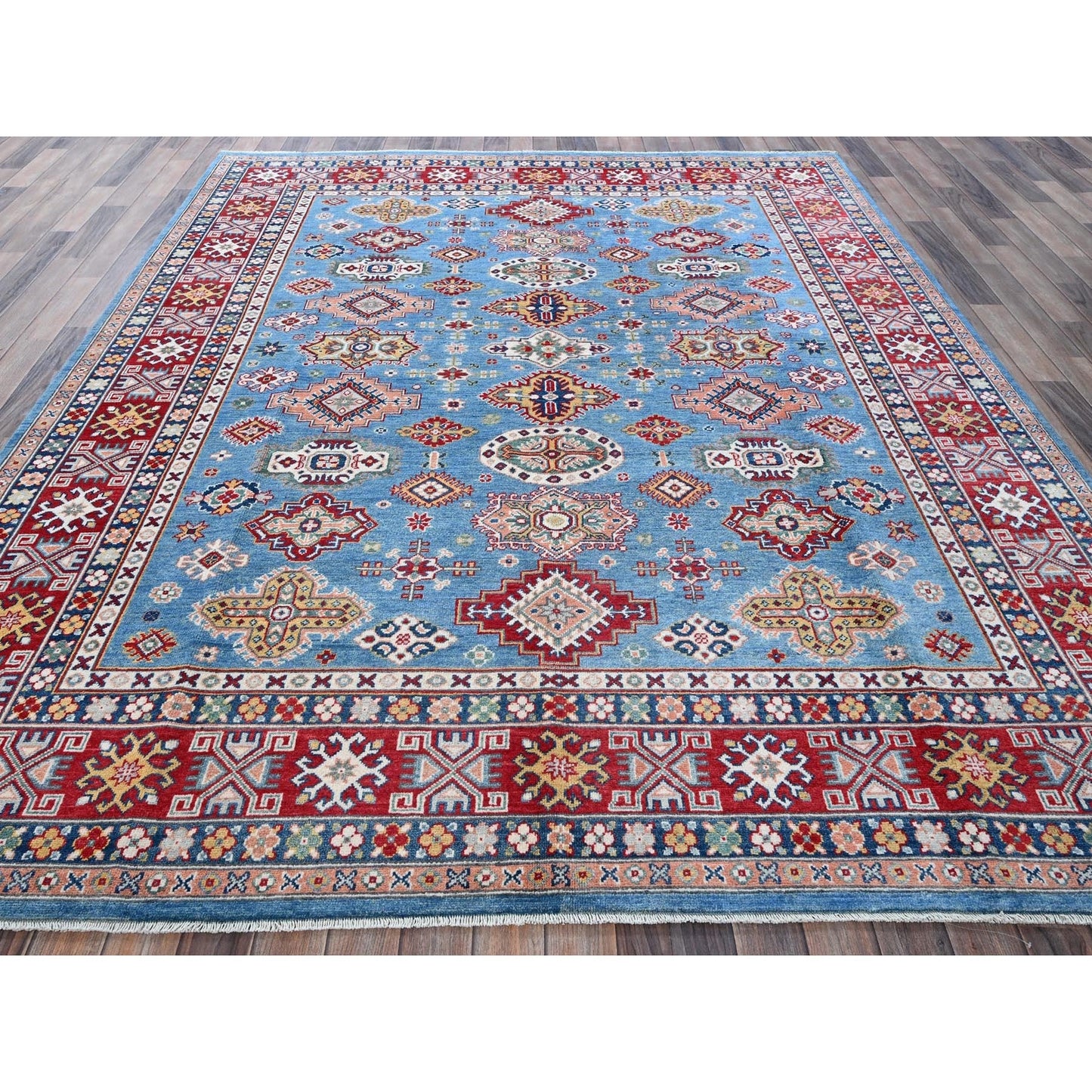 7'10"X9'8" Blue Kazak Tribal Medallions Design Hand Knotted Soft Wool Rug