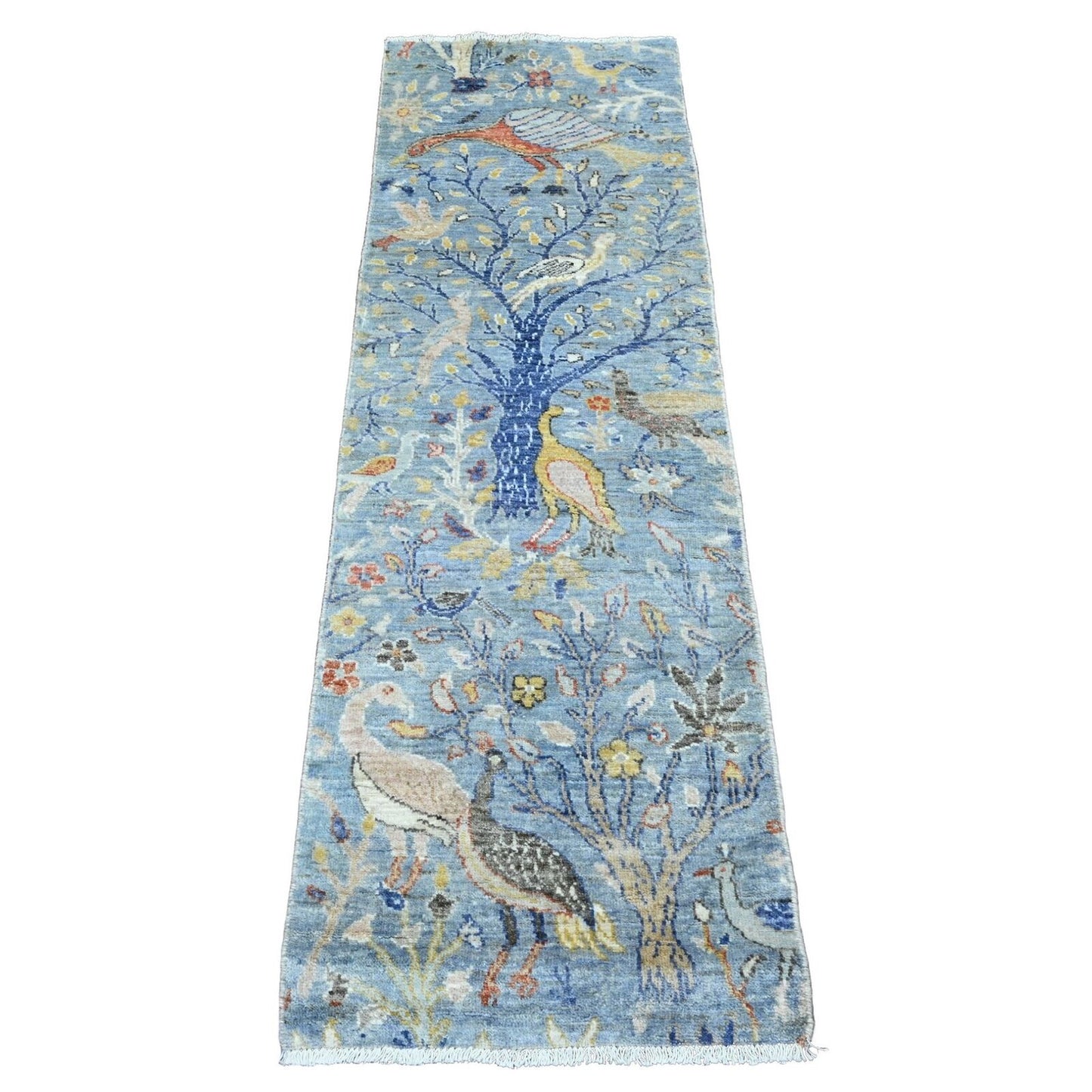 2'X6'4" Ruddy Blue Peshawar Birds Design Hand Knotted All Wool Runner Rug