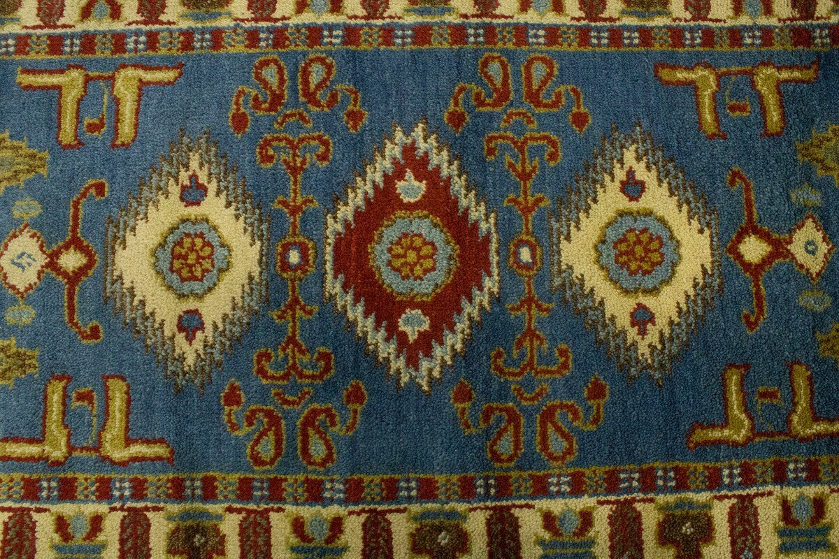 Kazak Oriental Rug Blue Geometric Tribal Style