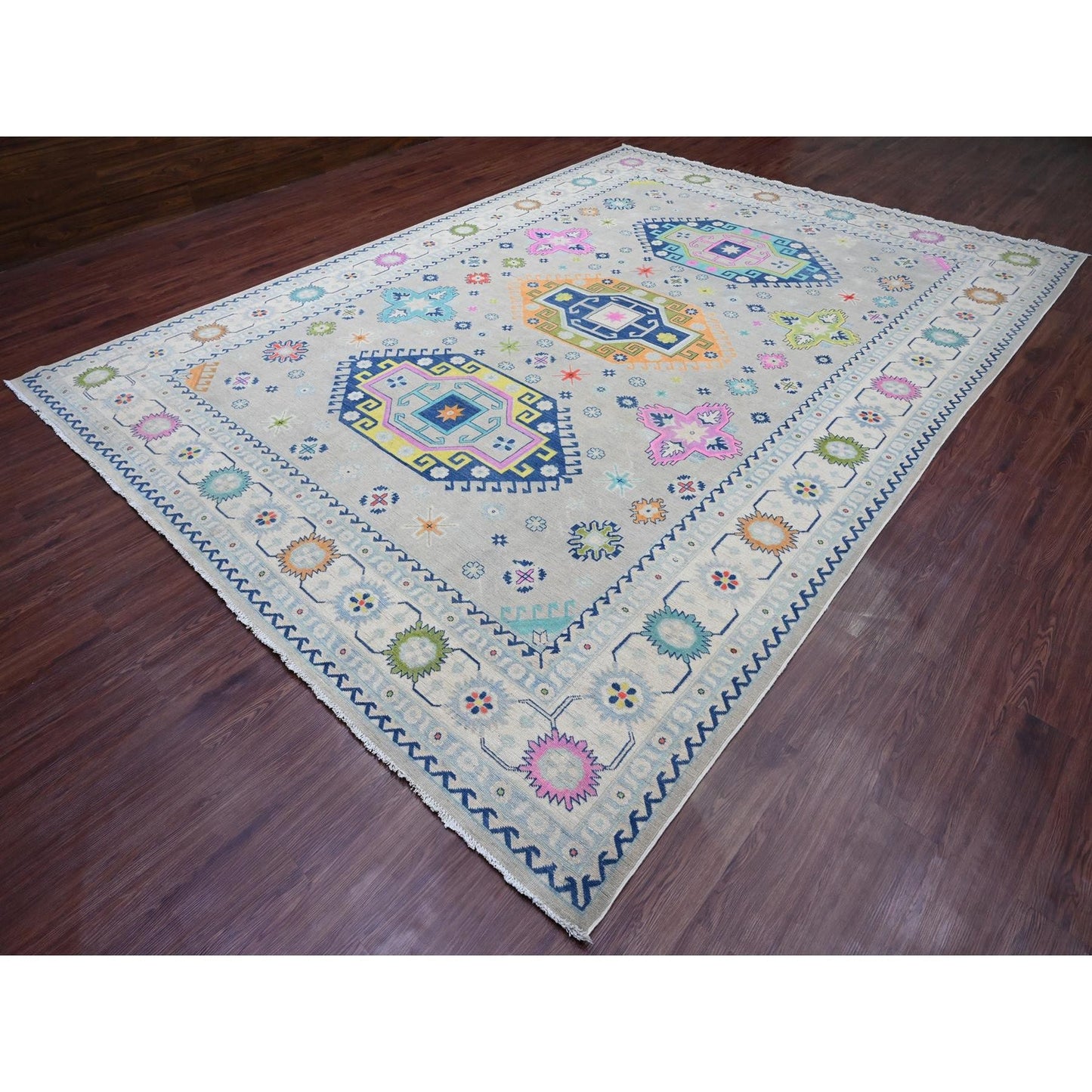 9'7"X13'4" Gray Fusion Kazak Caucasian Design Pure Wool Hand Knotted Rug