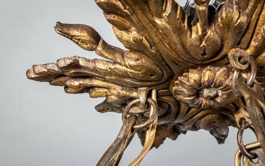 Schneider Signed Chandelier Gilt Bronze Art Glass