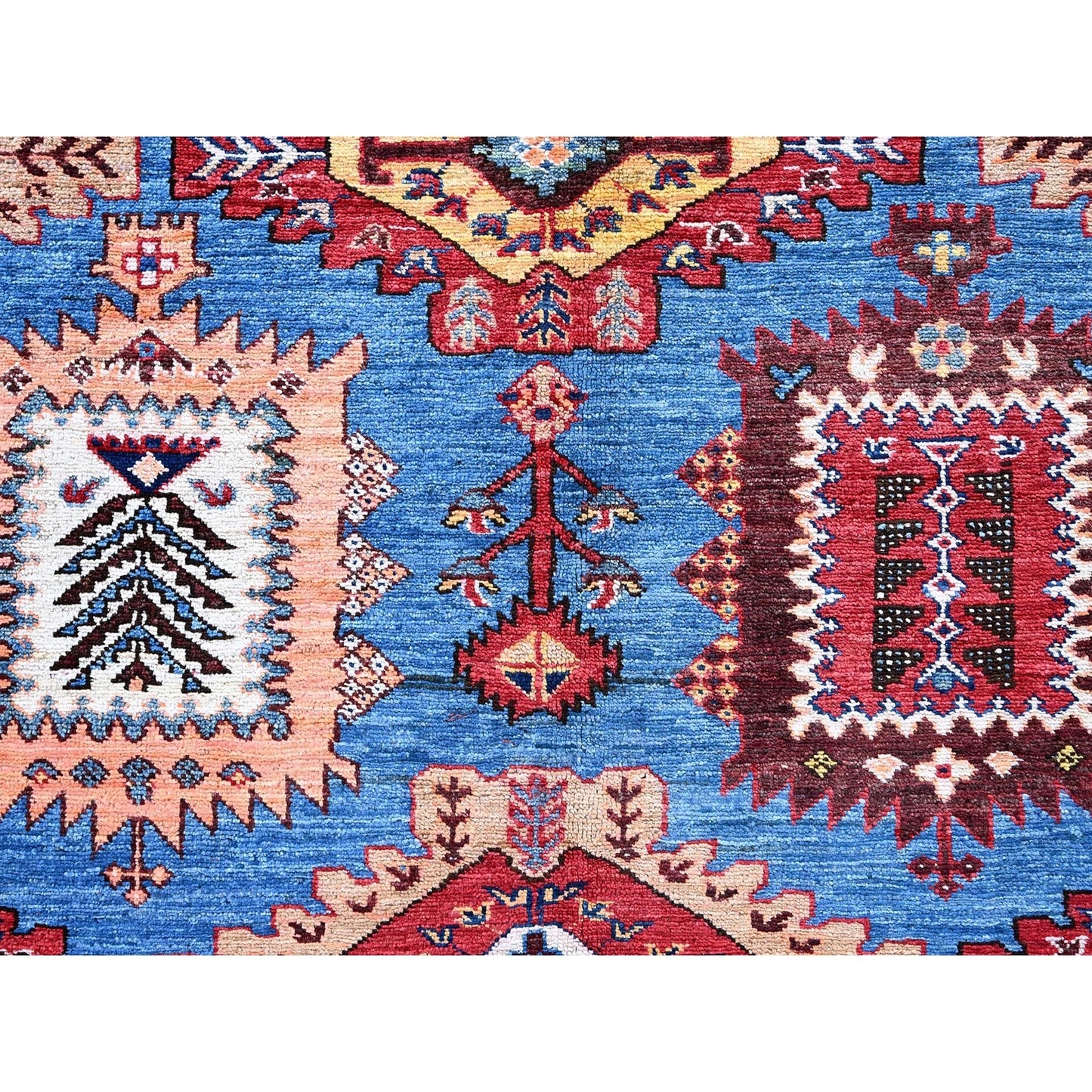 10'1"X13'4" Blue Afghan Caucasian Design Revival Hand Knotted Soft Wool Rug