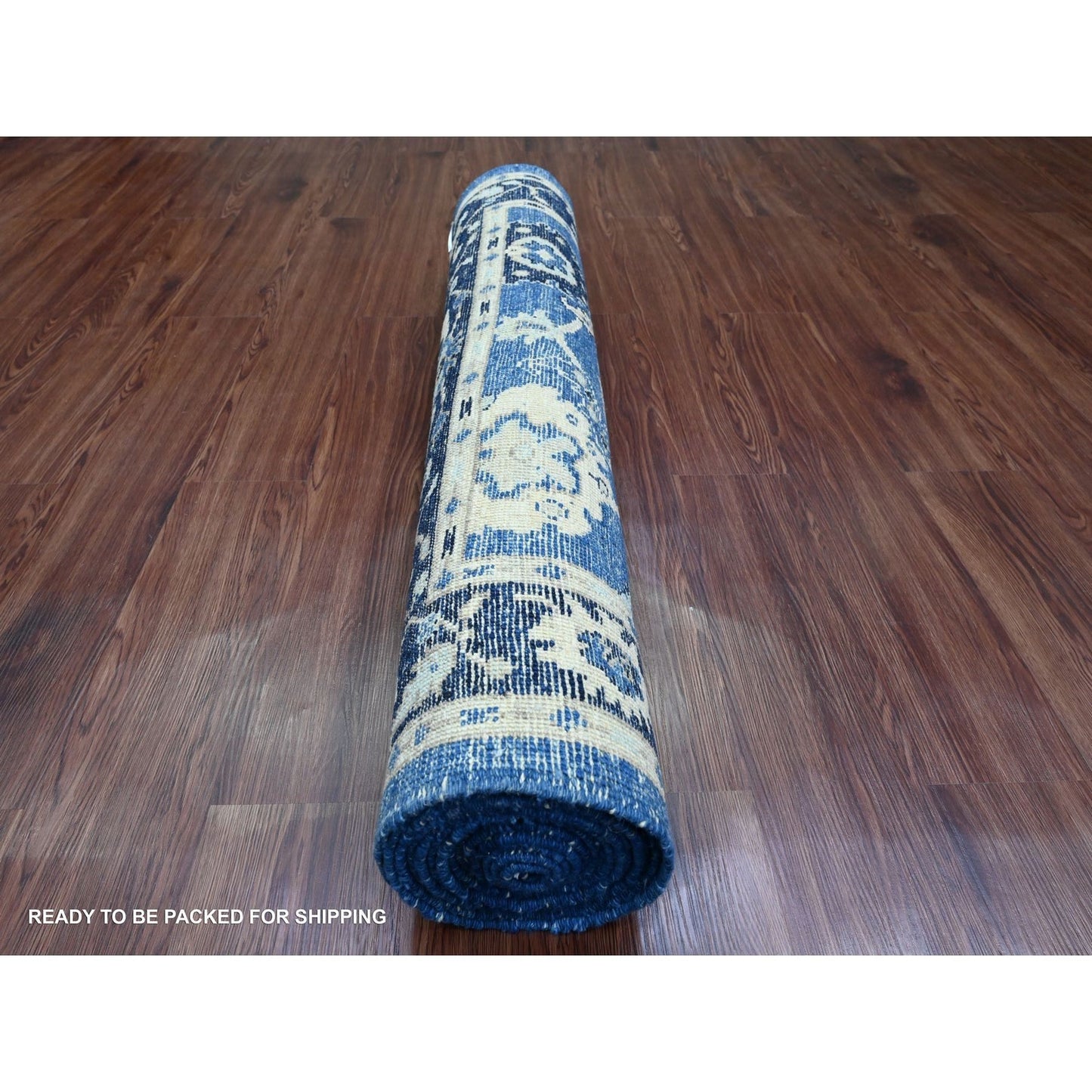 4'X15'7" Blue Hand Knotted Angora Oushak Leaf Design Pure Wool Runner Rug