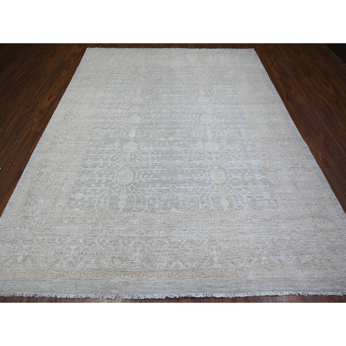 8'X9'10" Chrome Gray Khotan Pomegranate Wool Hand Knotted Oriental Rug