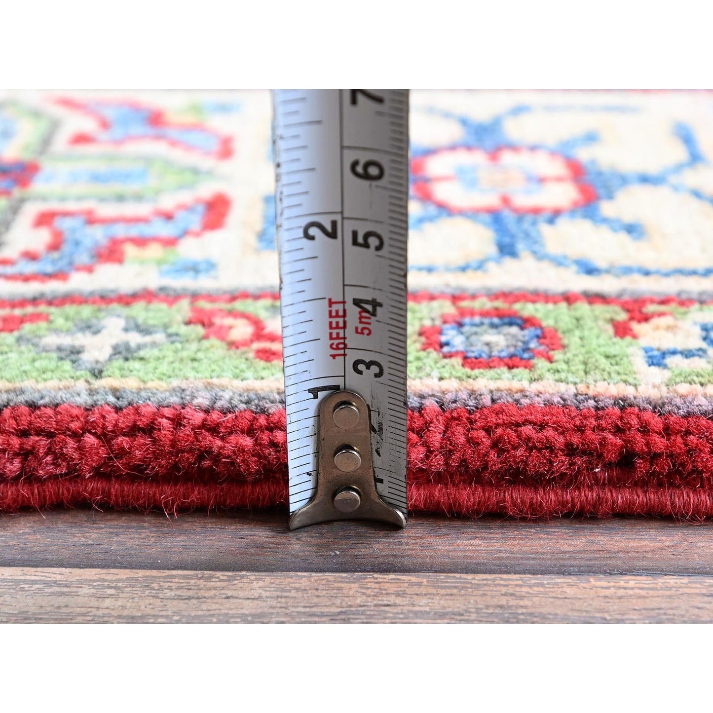 4'X6' Crimson Red Kazak With Tribal Motifs Hand Knotted Pure Wool Rug