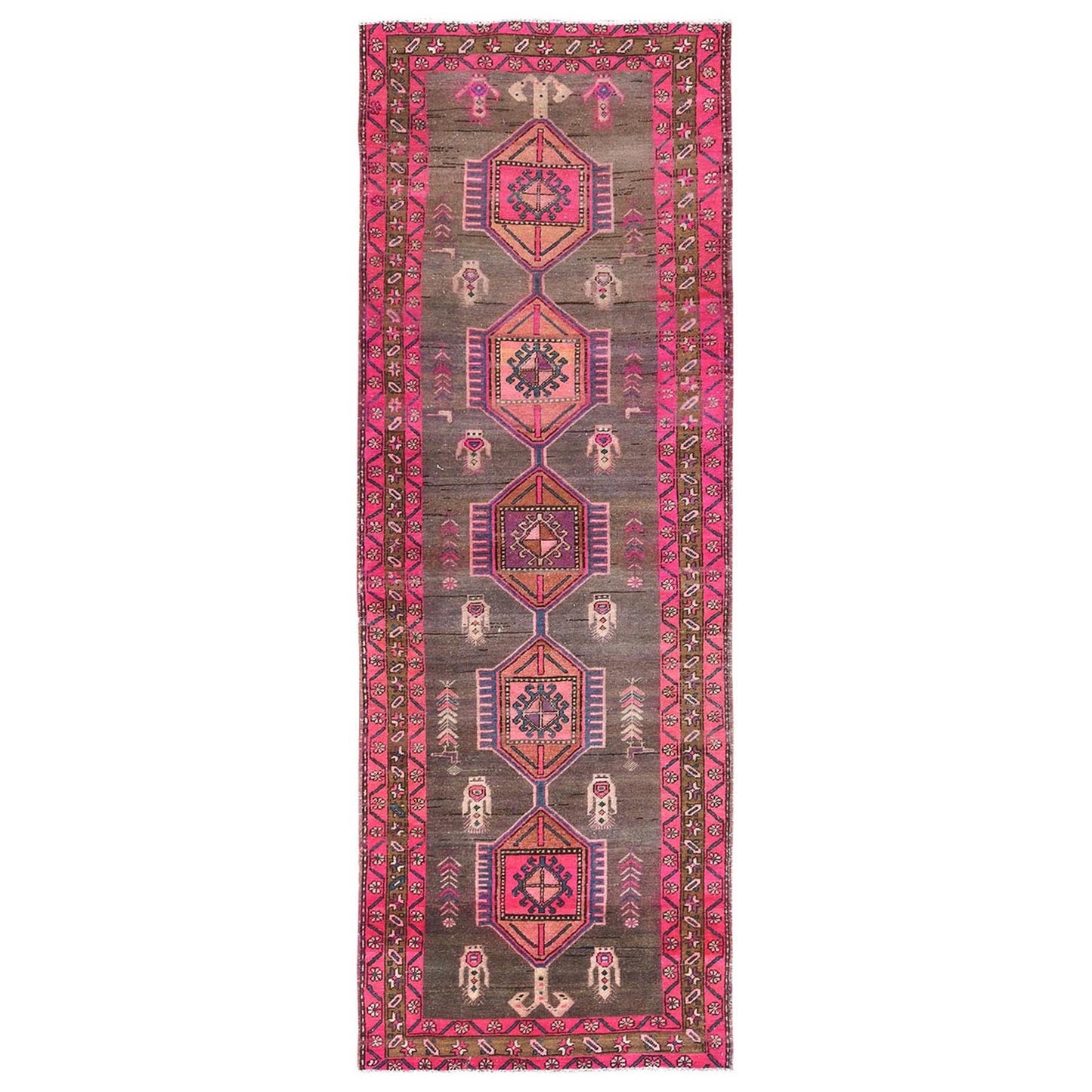 3'7"X10'1" Brown Vintage Farsian Heris Hand Knotted Pure Wool Runner Rug