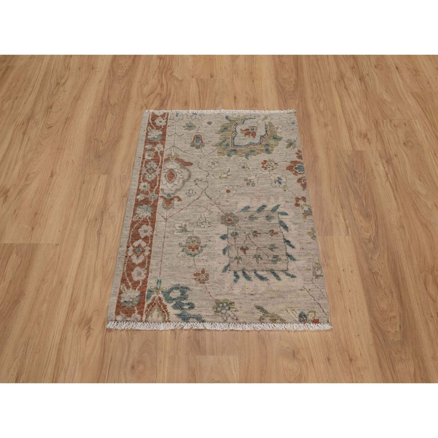 2'2"X3'1" Beige Broken Pattern Oushak Design Hand Knotted Wool Sample Rug