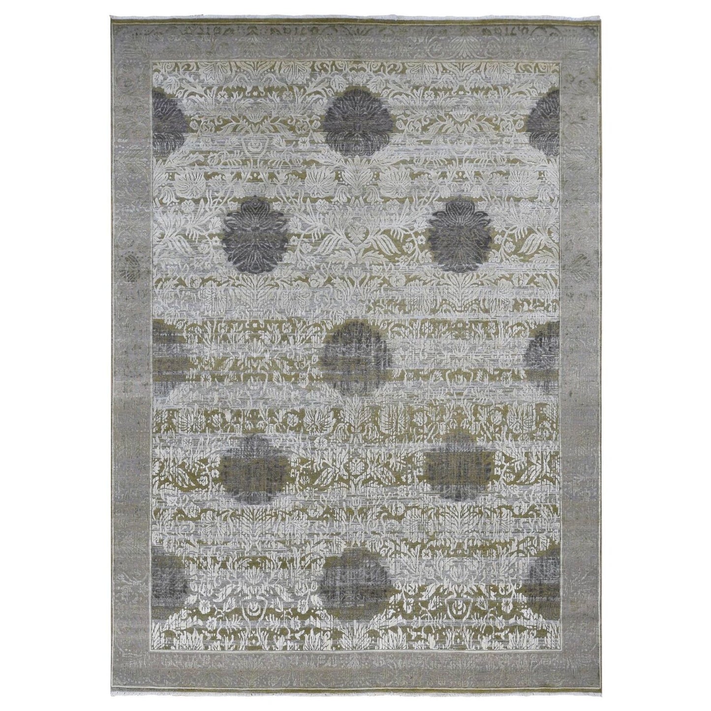 8'9"X12'1" Green Silk With Wool Abrash Artistic Motifs Hand Knotted Rug
