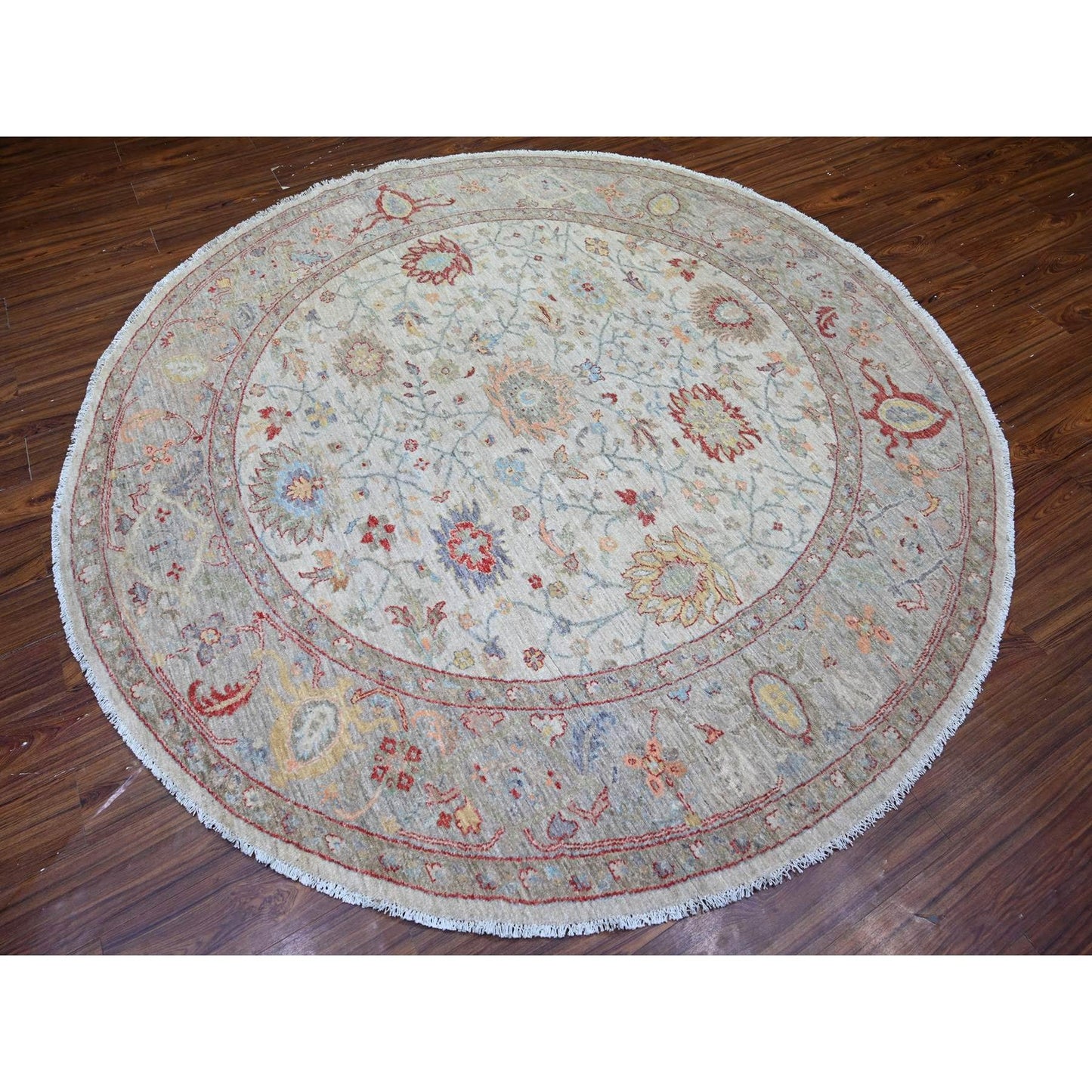 8'X8' Ivory Ziegler Mahal Hand Knotted Pure Wool Round Oriental Rug