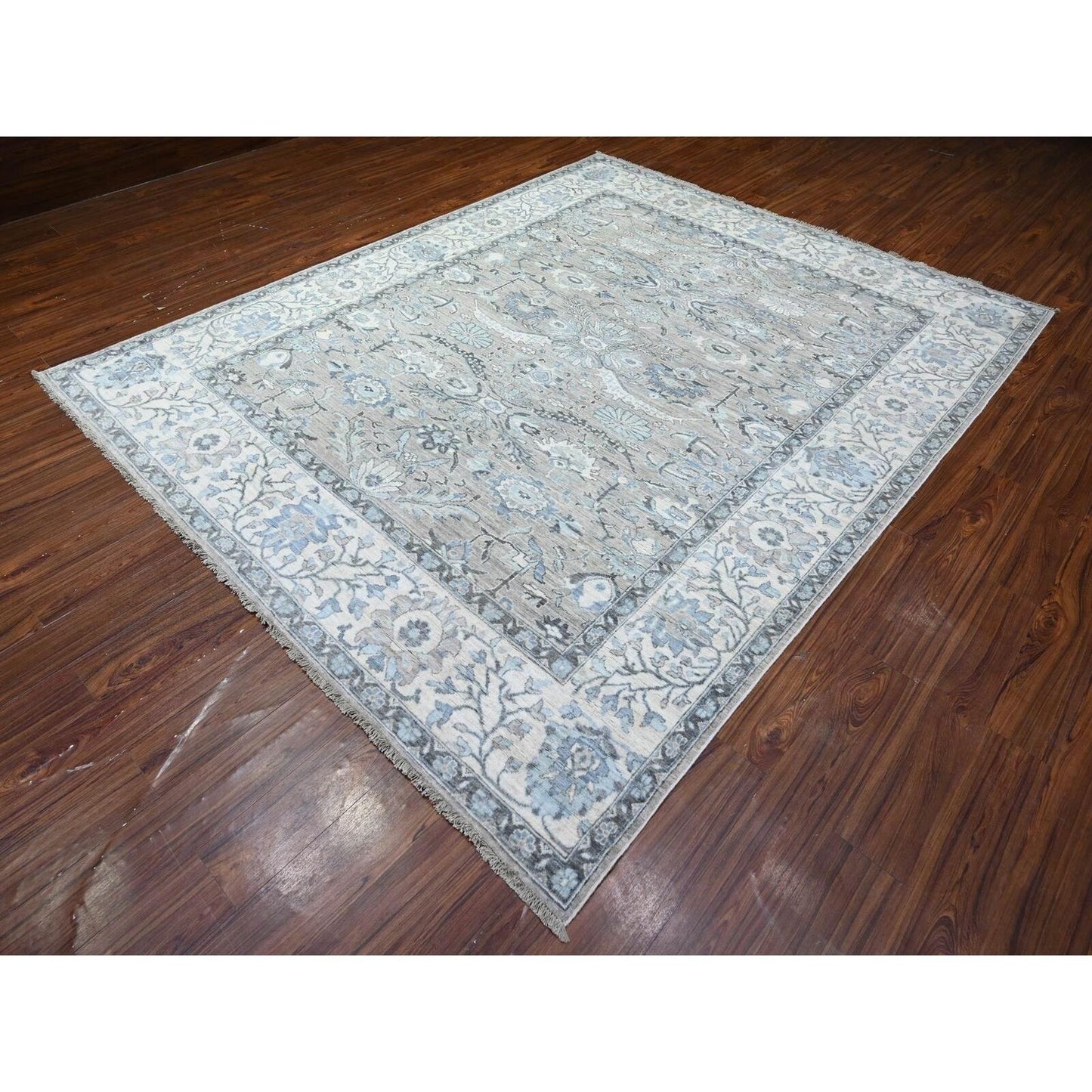 8'1"X10'1" Gray Sickle Leaf Design Hand Knotted Peshawar Heris Wool Rug