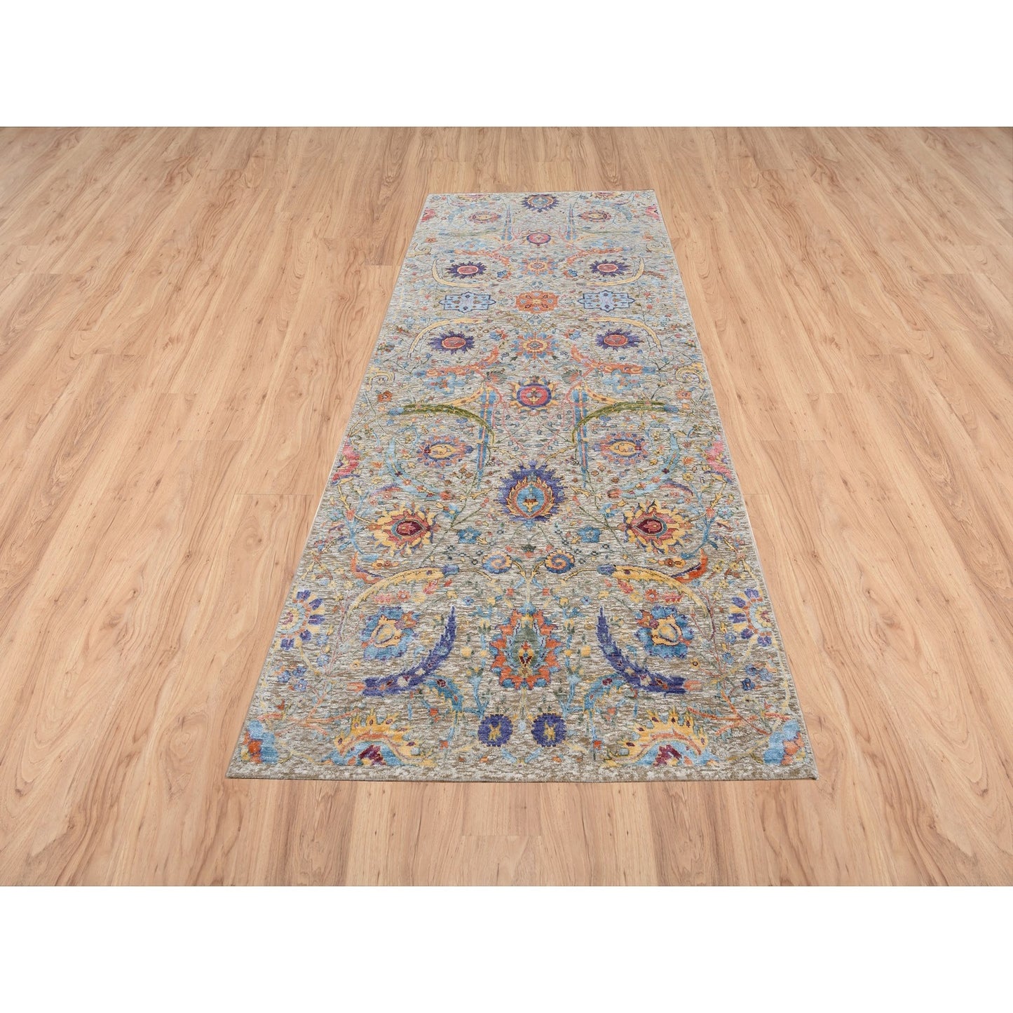 4'1"X10'3" Silk And Wool Hand Knotted Tan Sickle Design Wide Runner Rug