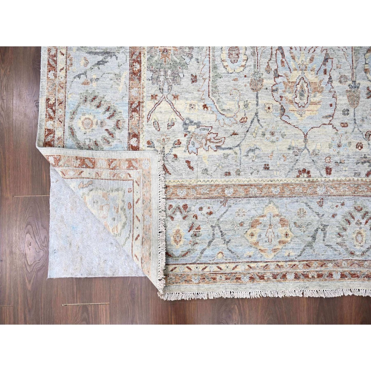 9'X11'9" Gray Pure Wool Antiqued Ziegler Mahal Design Hand Knotted Rug