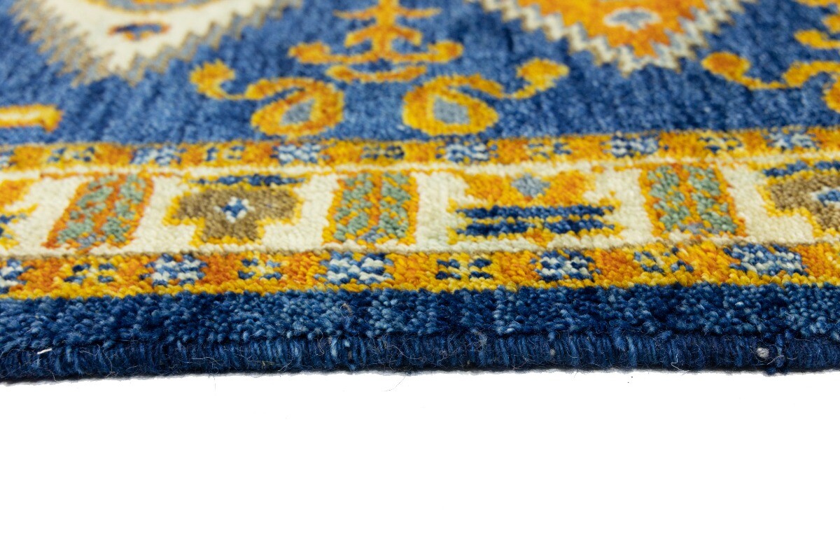 Vintage Style Blue Geometric Kazak Runner Rug
