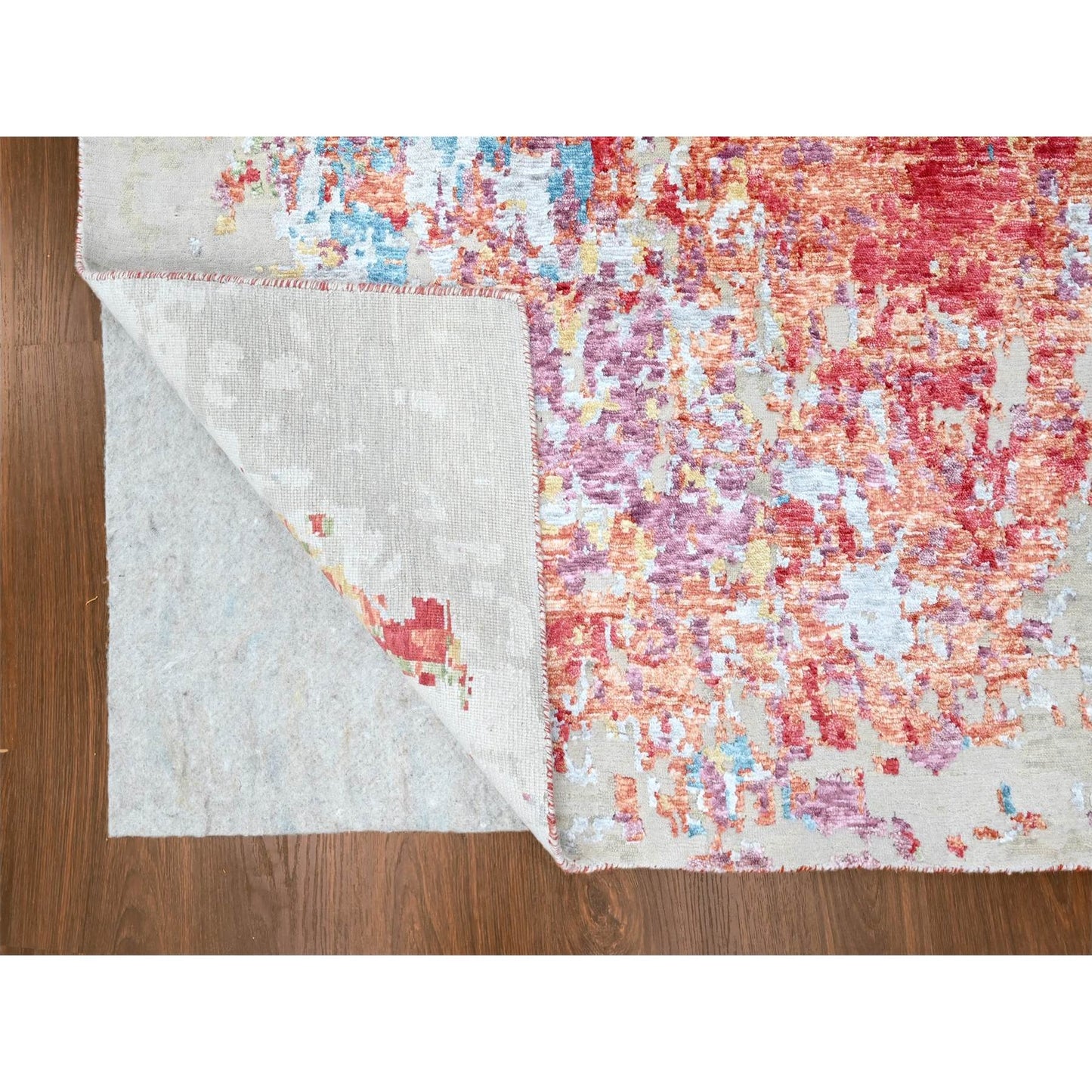 9'1"X12' Ruby Red Abstract Design Wool And Silk Hand Knotted Modern Rug