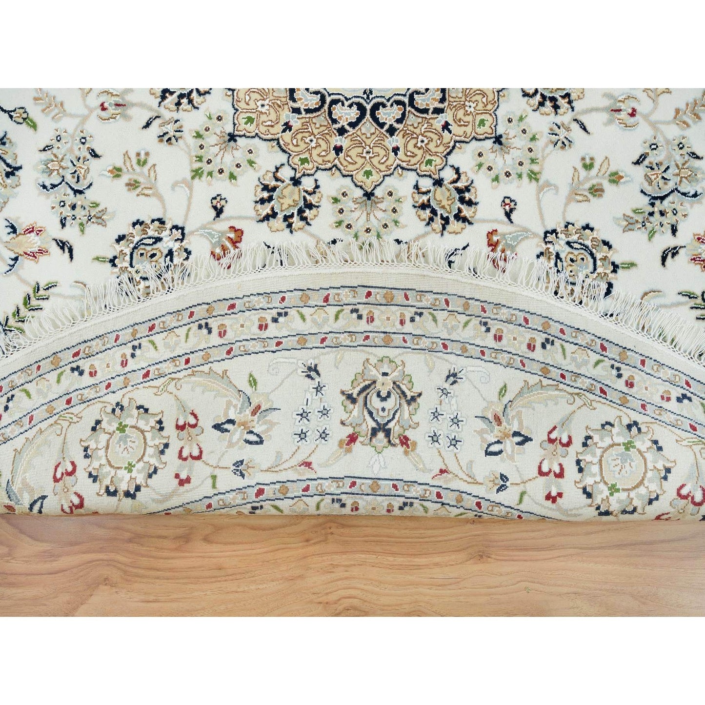 7'10"X7'10" Ivory Wool Hand Knotted Nain Design 250 Kpsi Round Rug