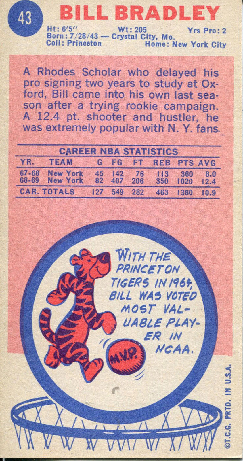 Bill Bradley Unsigned 1969-70 Topps Card