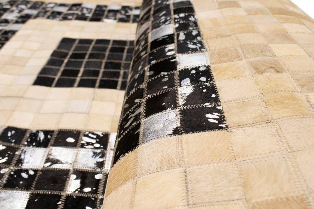 Hand-Stitched Black Beige Cowhide Leather Rug 4X6