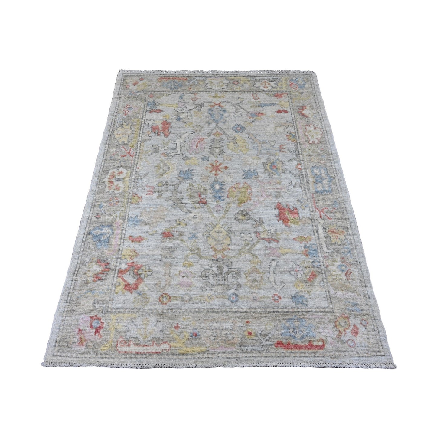 4'2"X5'7" Gray Hand Knotted Afghan Angora Oushak Leaf Design All Wool Rug