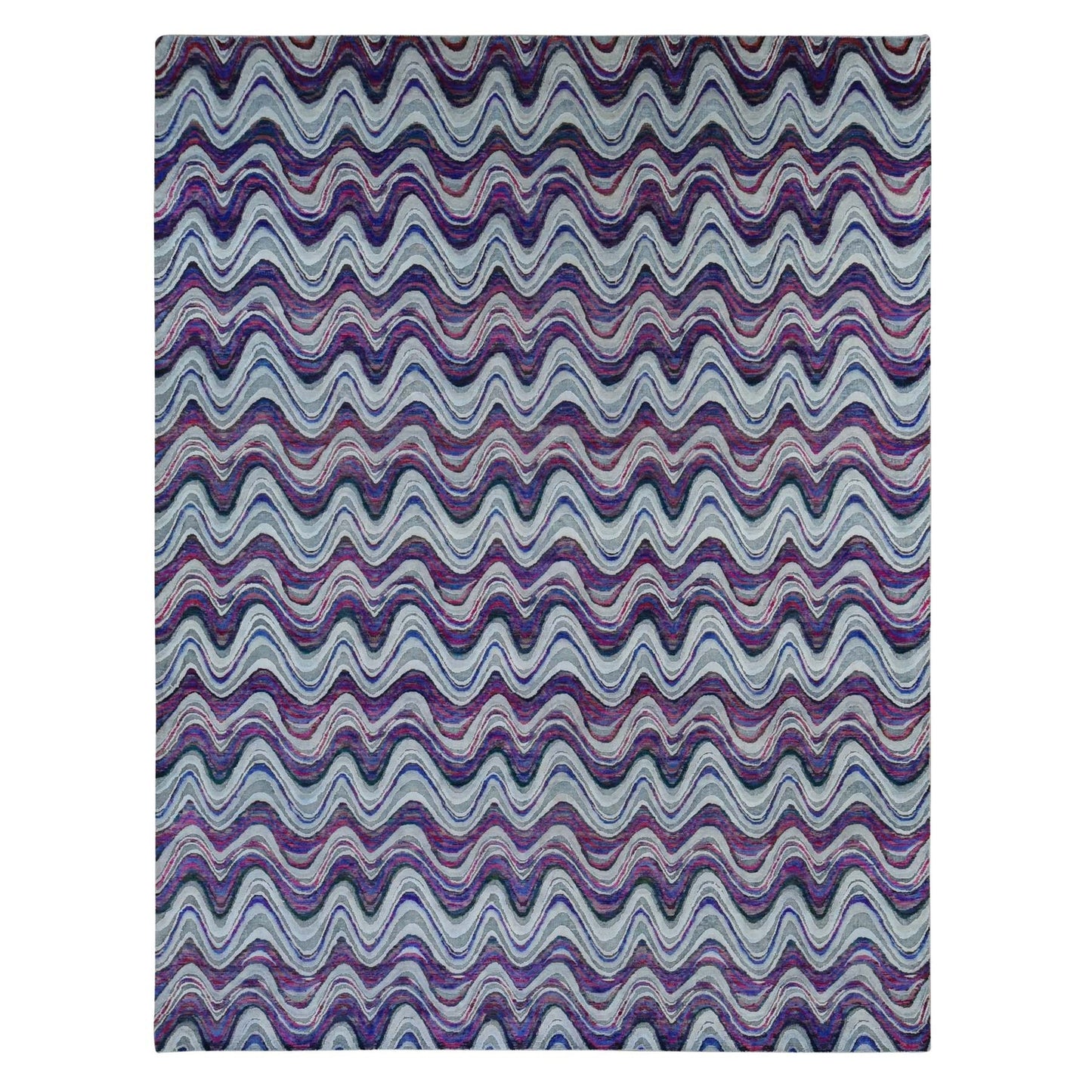 9'X11'10" Ivory The Colorful Waves Silk With Wool Hand Knotted Rug