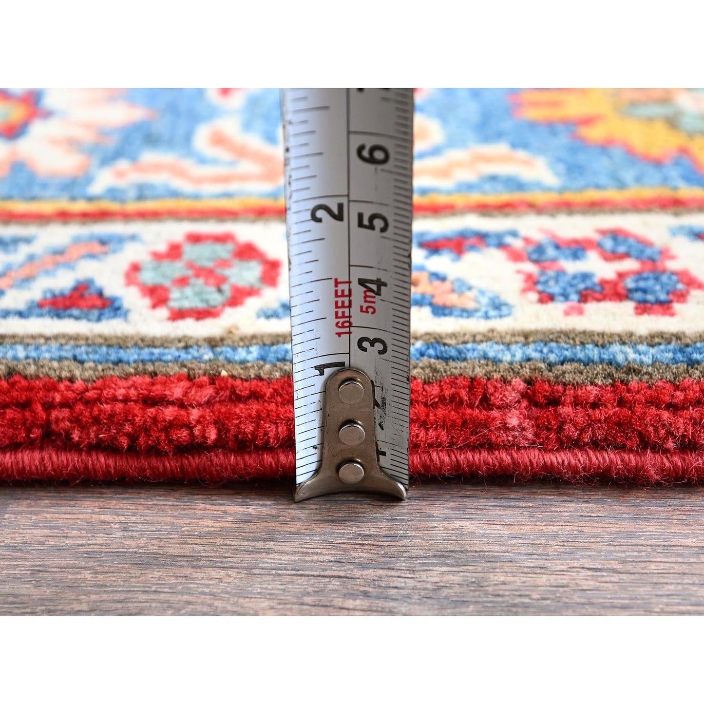 3'8"X4'10" Crimson Red Kazak With Tribal Motifs Hand Knotted Soft Wool Rug