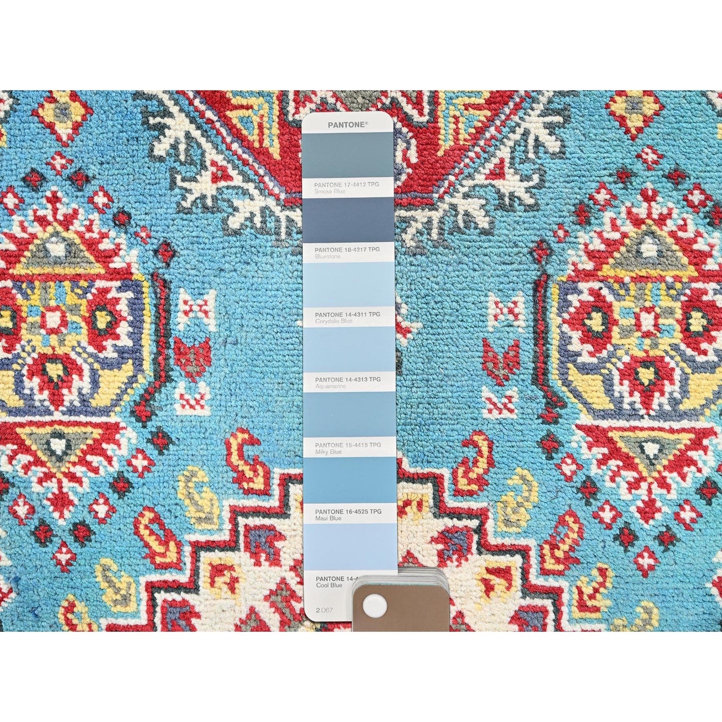 4'1"X5'10" Blue Kazak Geometric Medallions Design Hand Knotted All Wool Rug