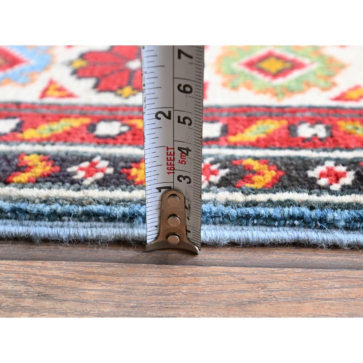 3'4"X4'10" Blue Kazak Geometric Design Hand Knotted Soft Wool Oriental Rug