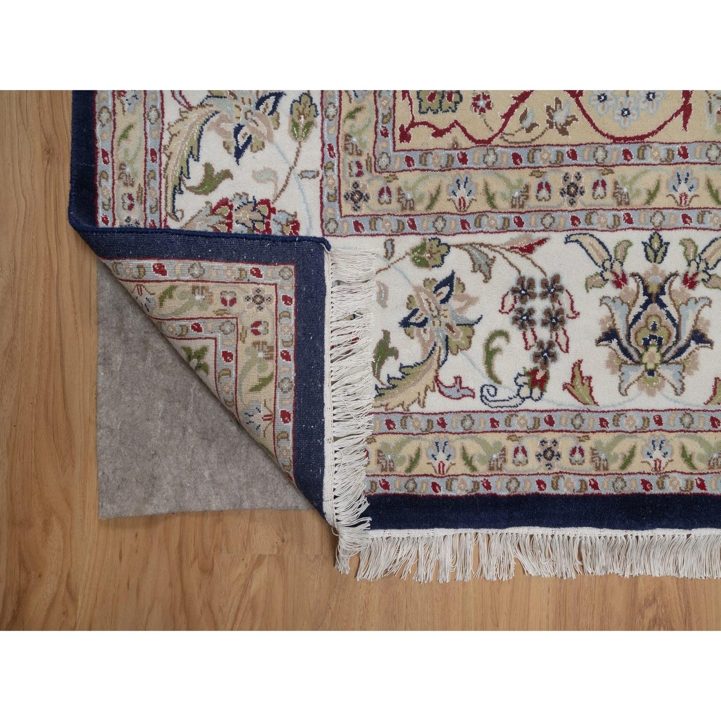 9'X12'2" Midnight Blue Nain Flower Design Wool And Silk Hand Knotted Rug