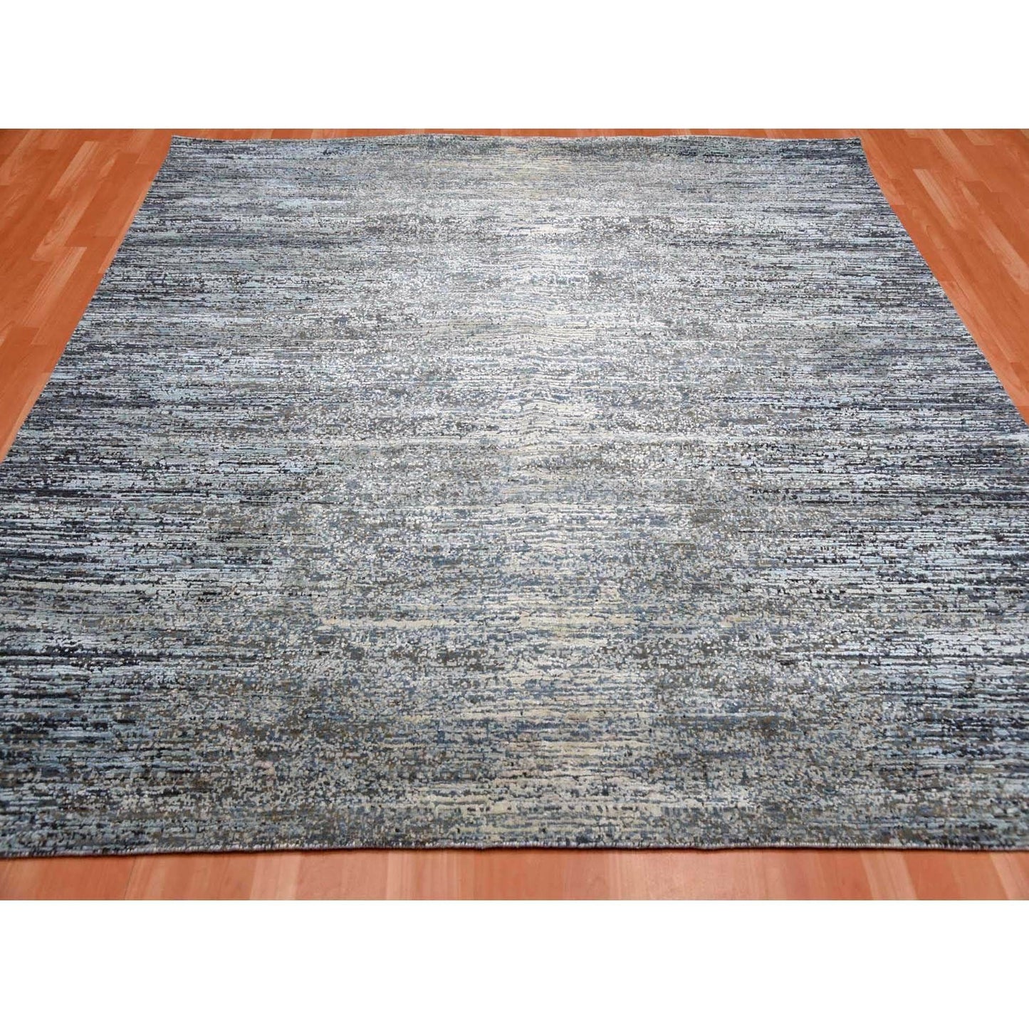 8'2"X8'2" Blue Oceanic Wool And Pure Silk Hand Knotted Square Rug