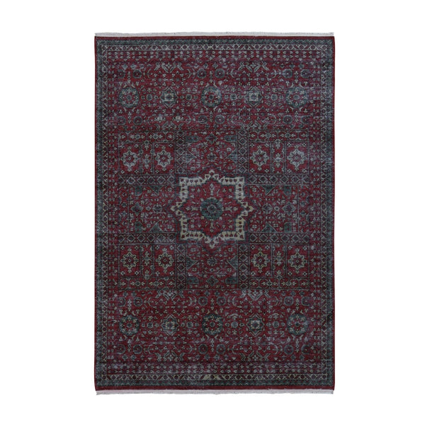 6'1"X9' Vermilion Red, Vintage Look Mamluk, Worn Wool Hand Knotted Rug