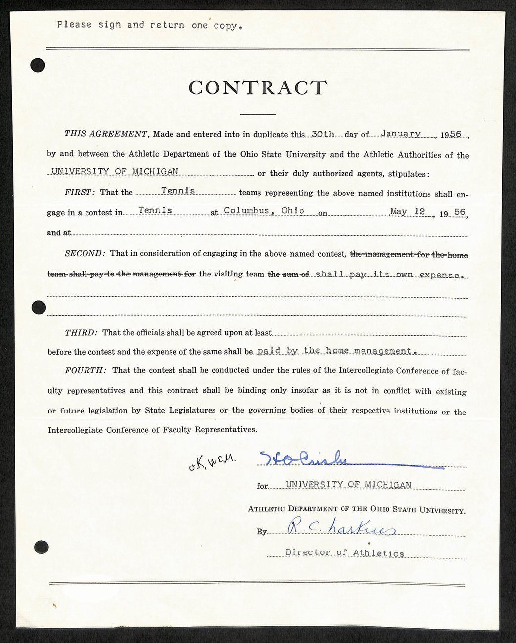 Fritz Crisler Cfb Hof Signed 1956 Contract