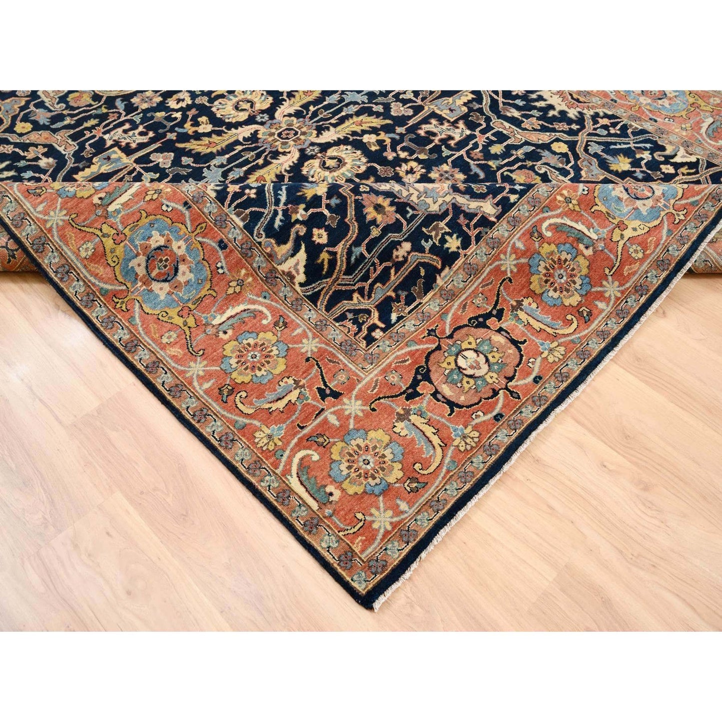 8'1"X10'1" Blue Antiqued Heris Re-Creation Soft Wool Hand Knotted Rug