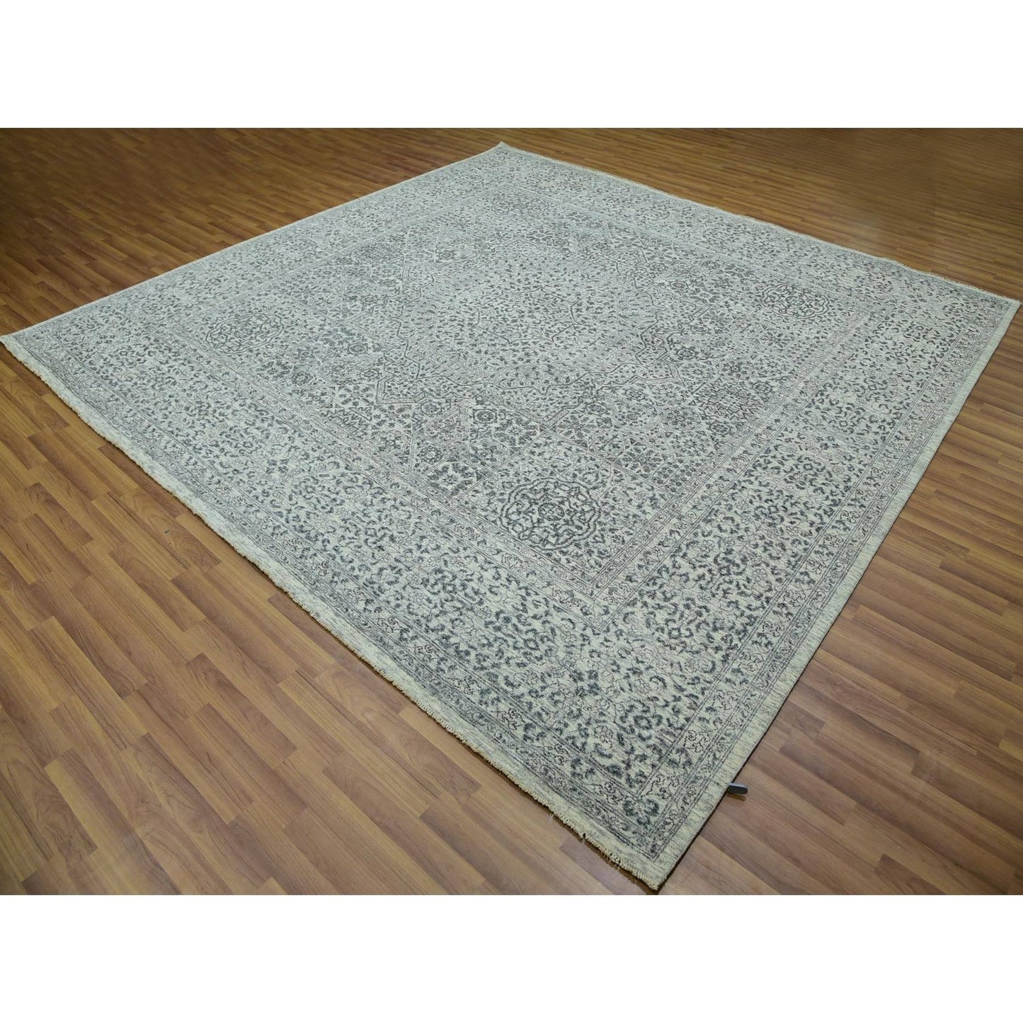10'X10' Duck White Hand Knotted Undyed Mamluk Dynasty Wool Square Rug