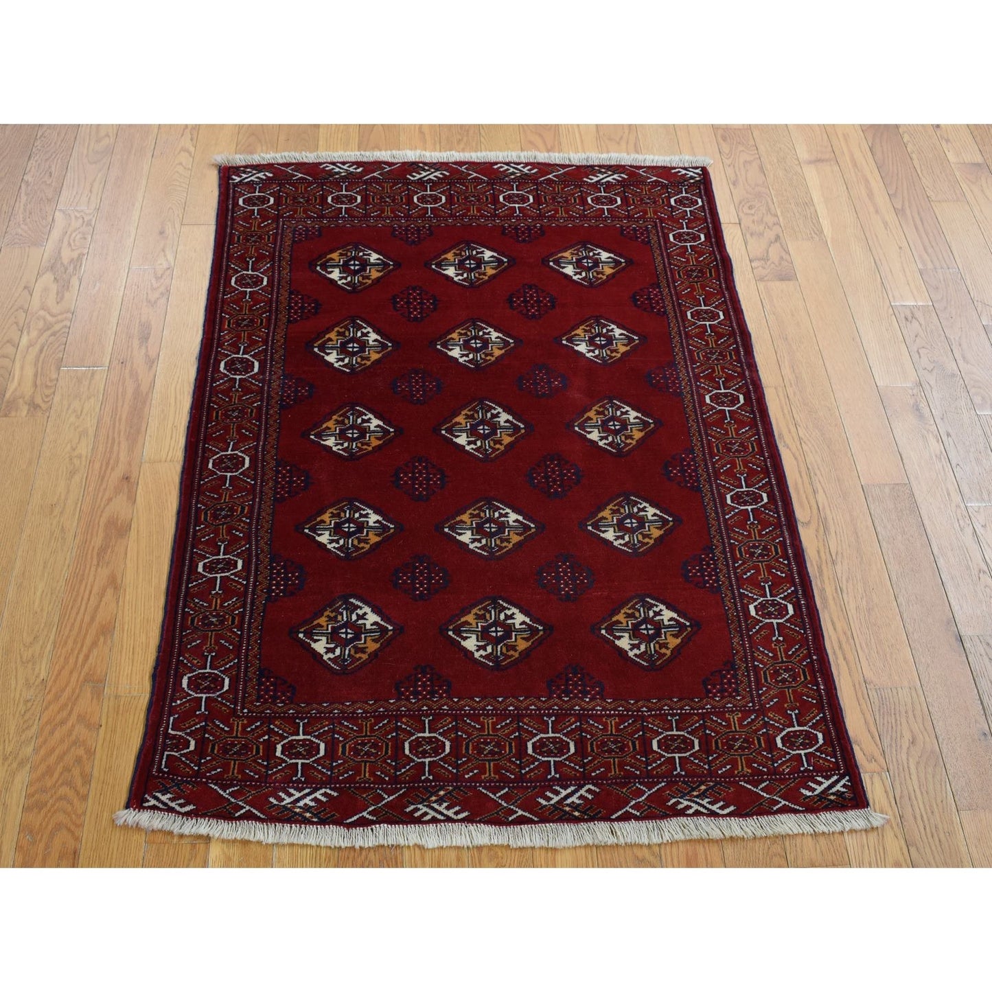 3'3"X4'2" Wine Red Zoroastrian Turkoman Bokara Pure Wool Hand Knotted Rug