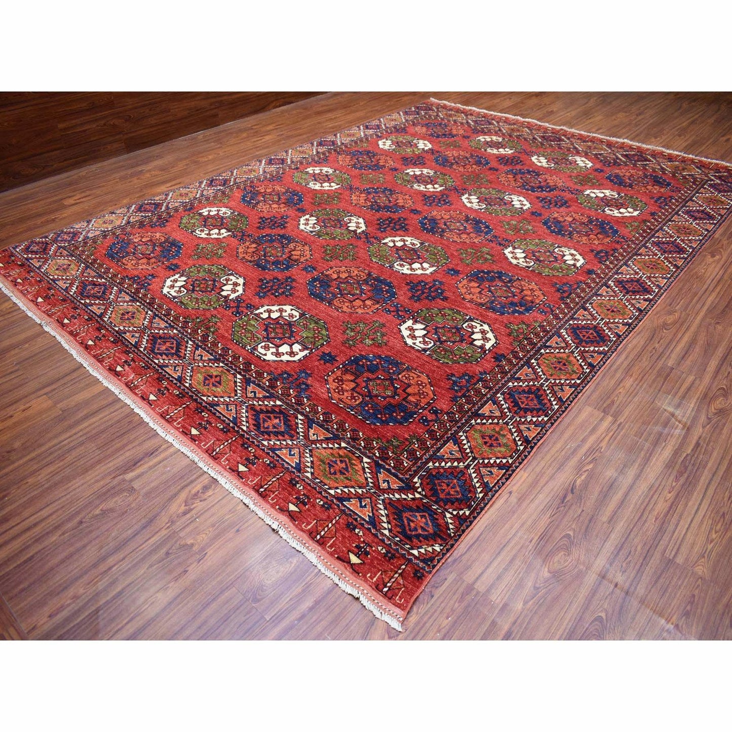 10'X13'9" Soft Wool Hand Knotted Coral Red Afghan Ersari Rug