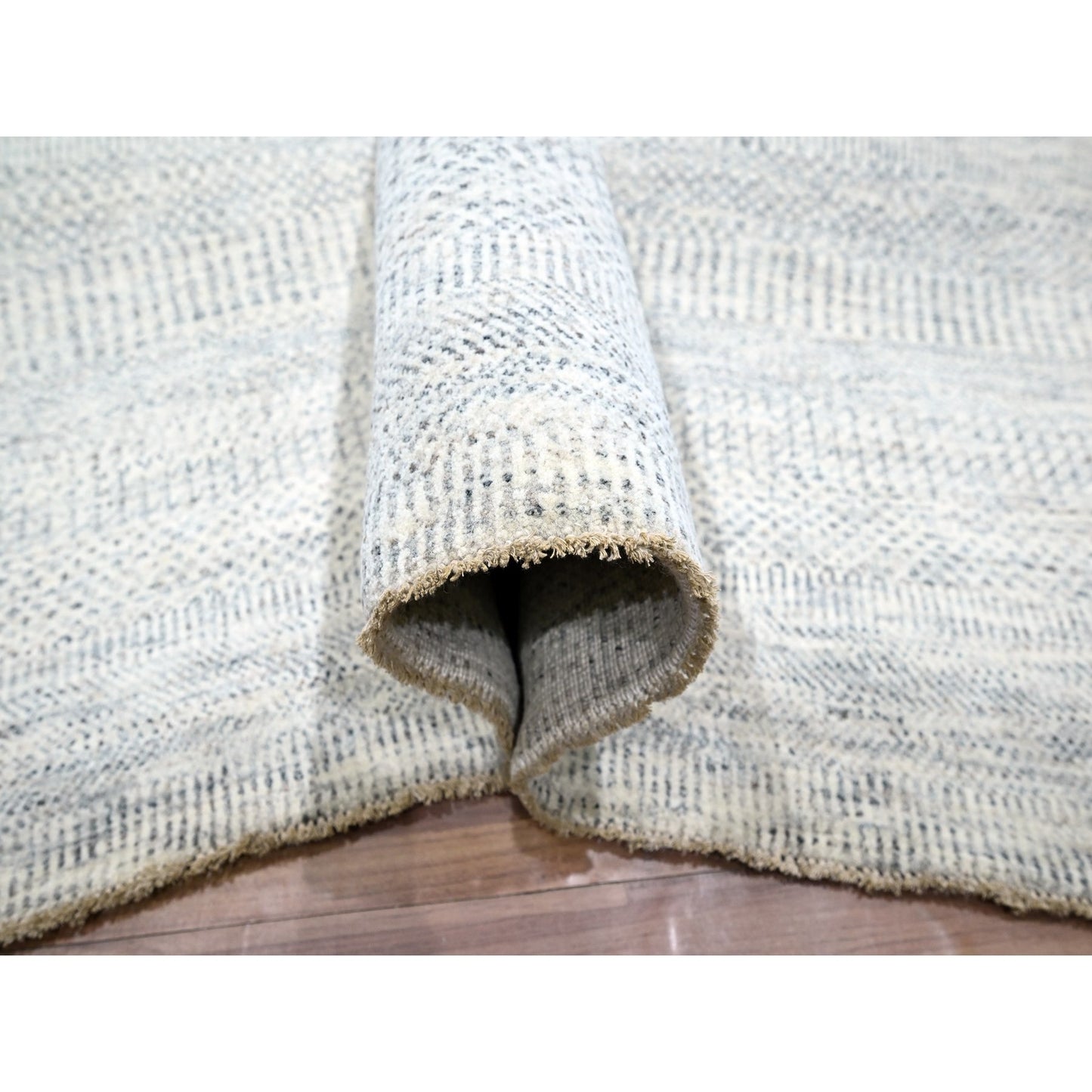 9'1"X12' Pearl White Modern Grass Design Hand Knotted Vibrant Wool Rug