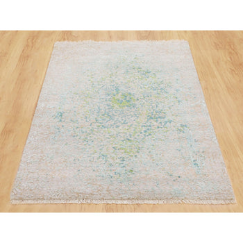 3'X5' Ivory Touch Of Green Pure Silk With Textured Wool Hand Knotted Rug