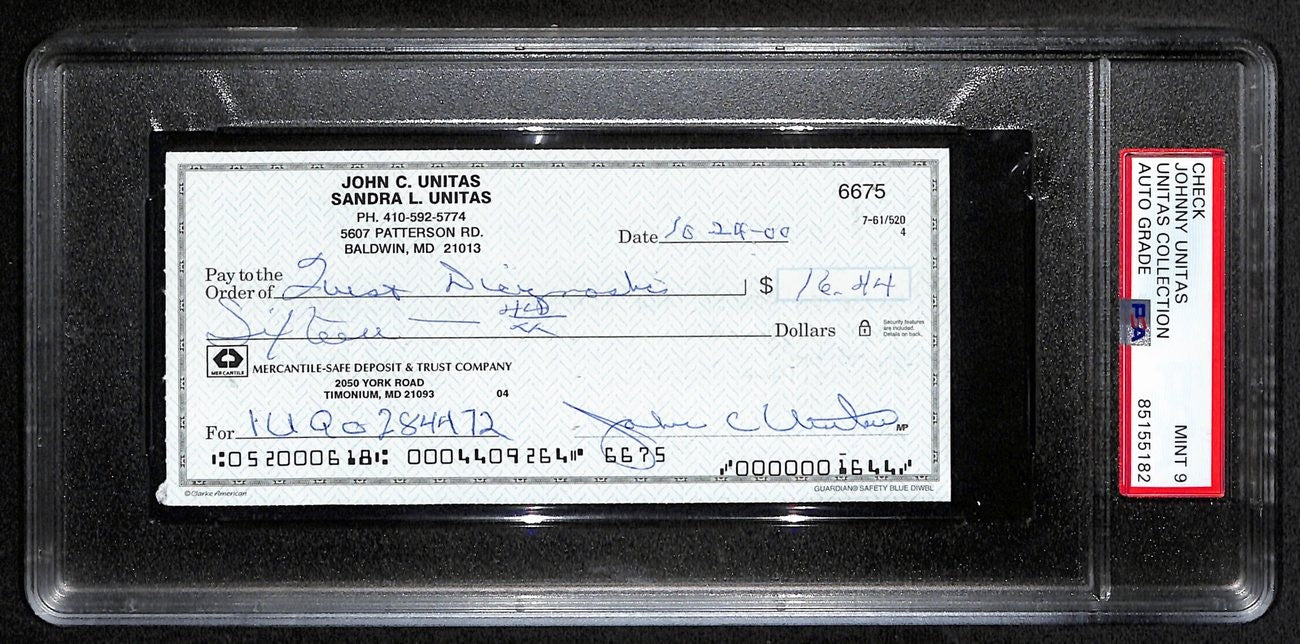Johnny Unitas Signed 10/24/00 Check Psa/Dna Mint